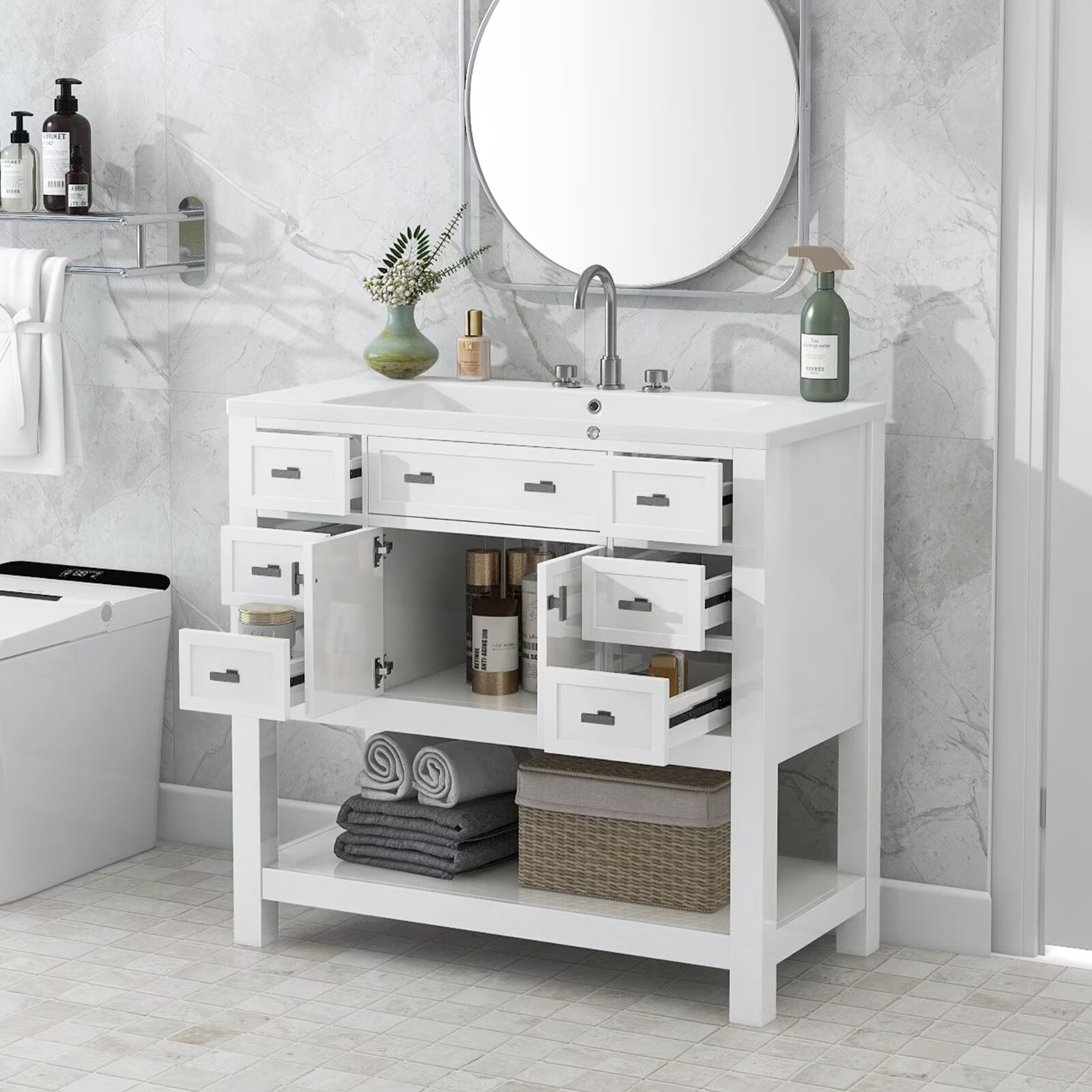 Bathroom Vanity Cabinet with Resin Basin, 36inch Modern Freestanding ...