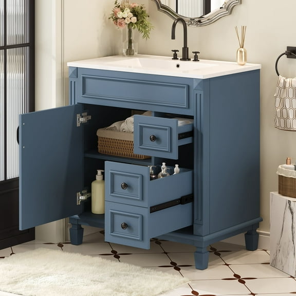 30'' Bathroom Vanity with Ceramic Sink Combo, Solid Wood Frame Bathroom Storage Cabinet with 2 Drawers & Adjustable Shelf, Freestanding Bathroom Vanities, Soft Closing, Metal Handle, Blue