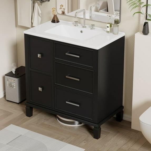 Bathroom Vanity with Ceramic Sink, Free Standing Single Basin Vanity Set with 4 Drawers and Flip-Out Drawer Design for Plumbing, Painted MDF Cabinet with Solid Wood Legs (Black)