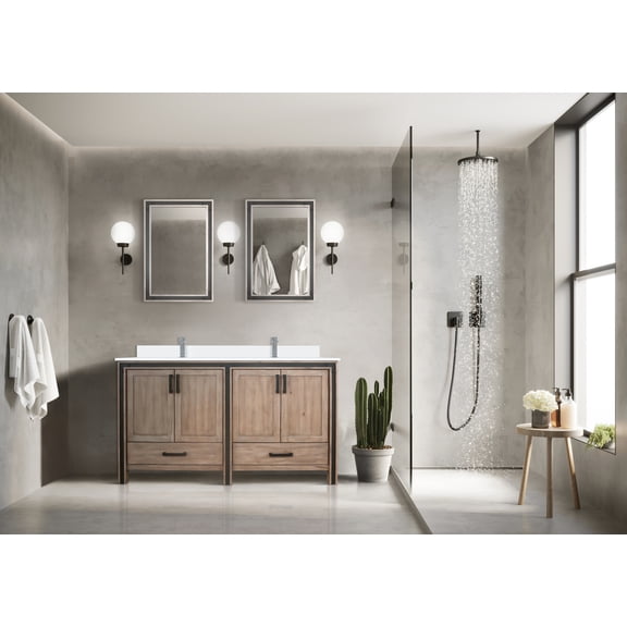 Bathroom Vanity with Double Mirrors, Rustic Barnwood Wood 60 x 22 Inch Cabinet with Two Drawers and Two Interior Storage Cabinets, Fully Assembled for Master Bath, Top Sold Separately