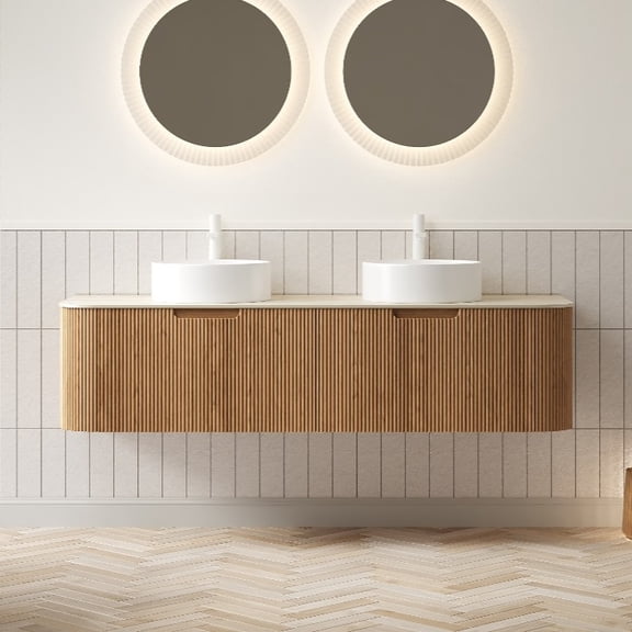 Bathroom Vanity with Double Sinks, 60 Inch Floating Plywood Cabinet with 2 Soft Close Drawers, Travertine Sintered Stone Top and 2 Round Ceramic Basins, Natural Woodgrain Color Beige