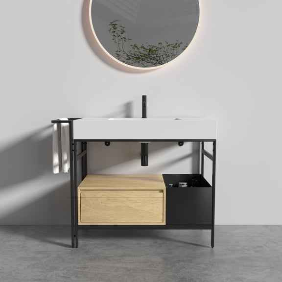 Bathroom Vanity FORTE 36" Industrial Style Modular Bathroom Vanity with a robust metal frame, topped with a seamless, easy-to-clean artificial stone basin, without drainage and faucet, KD,Vanity Wit
