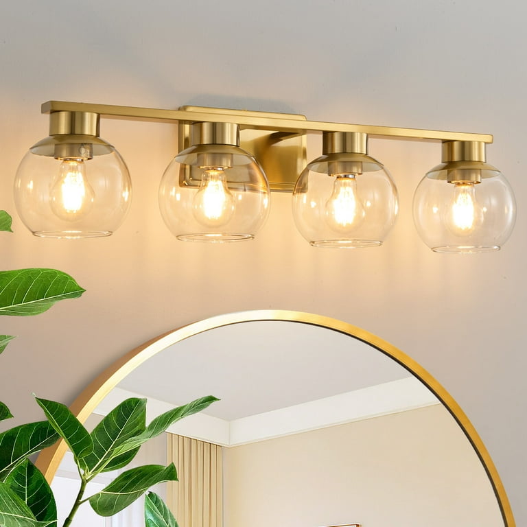 Bathroom Vanity Fixtures 4 Lights Gold Bathroom Light Over Mirror with Clear Glass Shade Vanity Lights for Bathroom