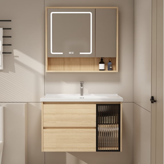 Bathroom Vanity with LED Mirror Cabinet & Ceramic Sink Set, 32'' Wall Mounted Vanities with Faucet, Pop-up Drain, Adjustable 3-Color Light, Dimmer, Defogger, Walnut