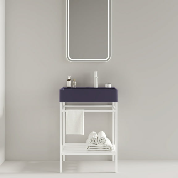 Bathroom Vanity LOFI 24" Bathroom Vanity with Ceramic Basin, Freestanding Bathroom Console Sink Set, Glossy Purple Rectangular Ceramic Basin without Faucet, Open Metal Leg, Storage Shelves, White Col