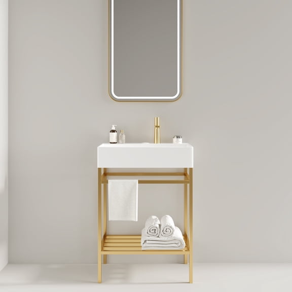 Bathroom Vanity LOFI 24" Bathroom Vanity with Ceramic Basin, Freestanding Bathroom Console Sink Set, Glossy White Rectangular Ceramic Basin without Faucet, Open Metal Leg, Storage Shelves, Gold Color