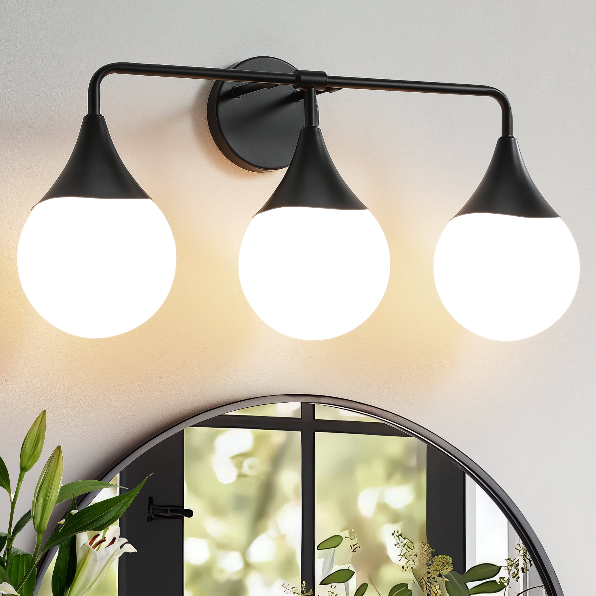 Bathroom Vanity Light 3 Lights Bathroom Lighting Fixtures Over Matte Black Wall Sconces with Frosted Globe Glass for Hallway Restroom
