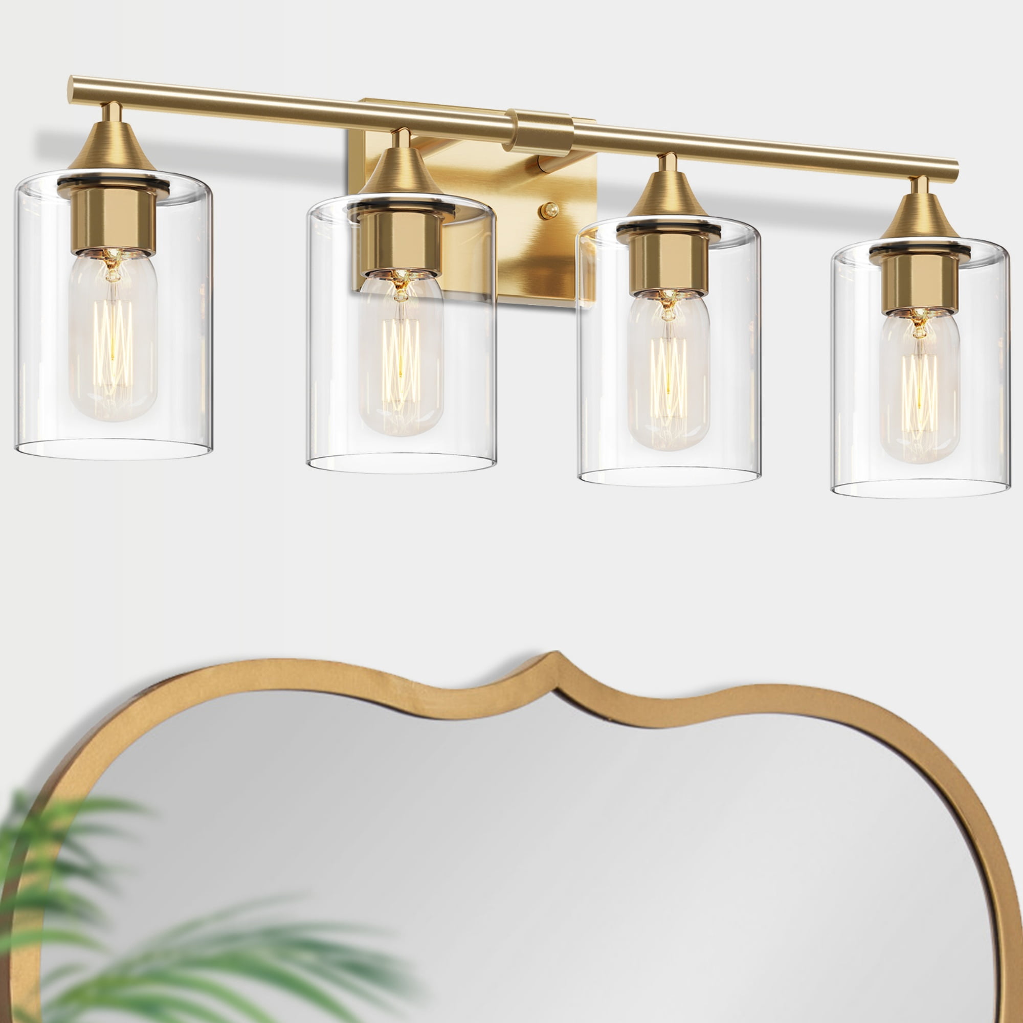 Bathroom Vanity Light 4 Light, Brushed Gold Metal with Clear Glass Shade for Bathroom Dressing Room, No Bulbs Included