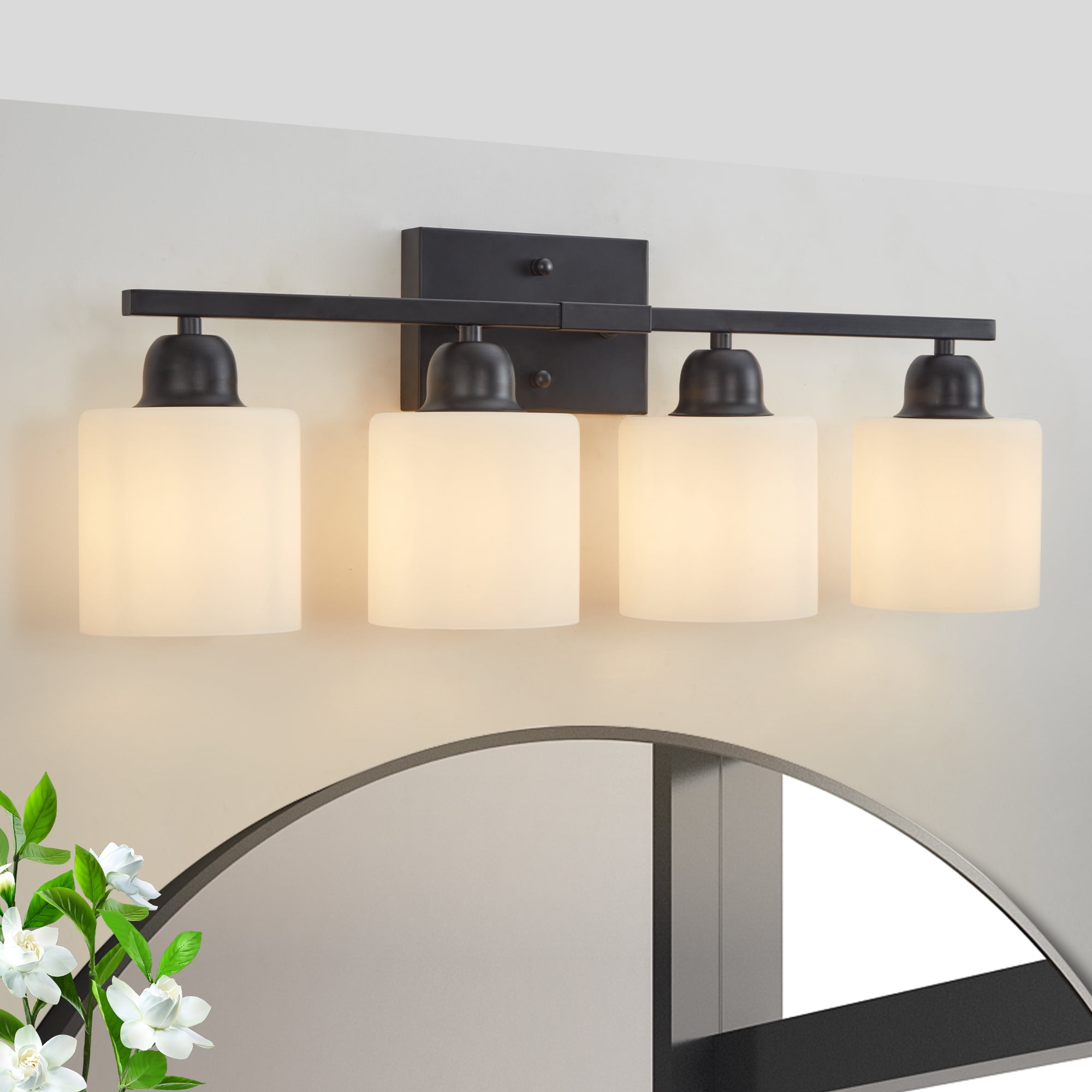 Bathroom Vanity Light 4-Light Wall Sconce Matte Black Industrial Vanity Lighting Fixture with Milky Frosted Glass Shades for Bathroom Mirror Bedroom Hallway, Black