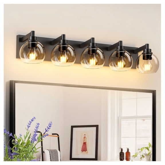 Bathroom Vanity Light 5-Light, Black Modern Wall Sconce - Over Mirror Lighting for Bathroom, Bedroom, Kitchen - E26 Globe Shade Fixture