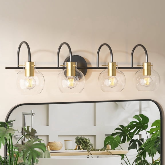 Hironpal 4-Light Bathroom Vanity Light, Bathroom Light Fixtures with Clear Glass Shade over Mirror Cabinet,Brushed Black