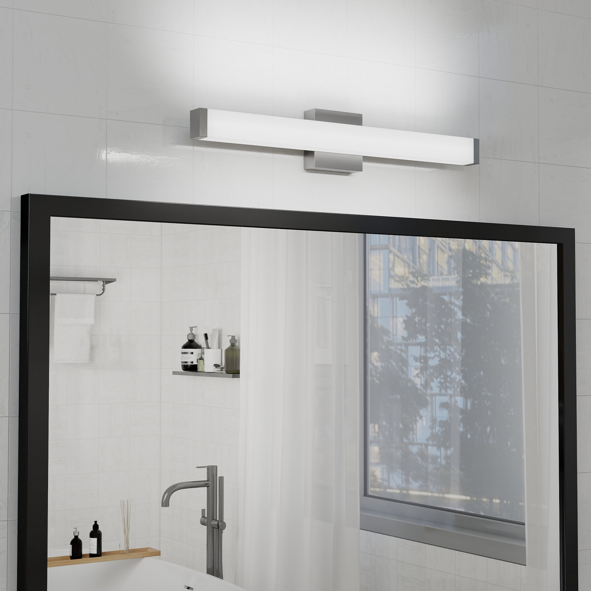 Bathroom Vanity Light Brushed Nickel Square LED 25in 14W 6000K Cool White Wall Bar for Over Mirror, Modern Vanity Lighting Fixtures for Sink Mirror Medicine Cabinet, Easy Install