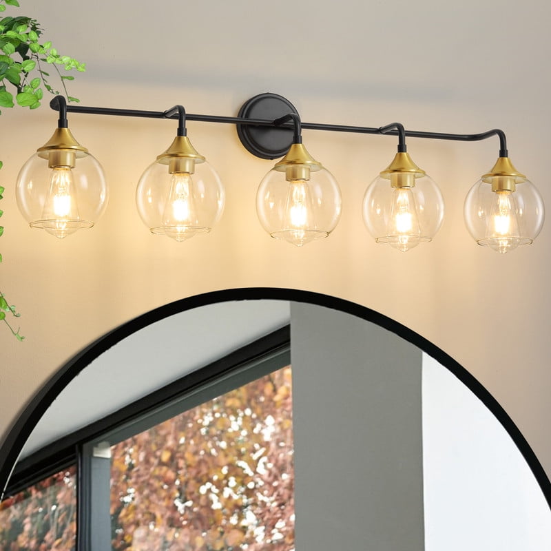 Bathroom Vanity Light with Clear Glass Shade, E26 Base, Bathroom Light Fixtures Over Mirror, Vanity Lights for Bathroom (Exclude E26 Bulb) - Black and Gold, 5-Lights