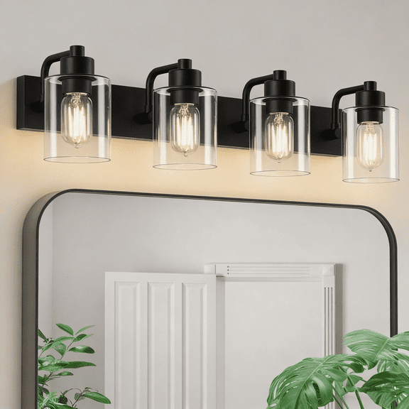 Bathroom Vanity Light Fixture 4-Light Matte Black Bathroom Light Fixtures Over Mirror with Clear Glass Shade Modern Farmhouse Vanity Lights Lighting Fixtures