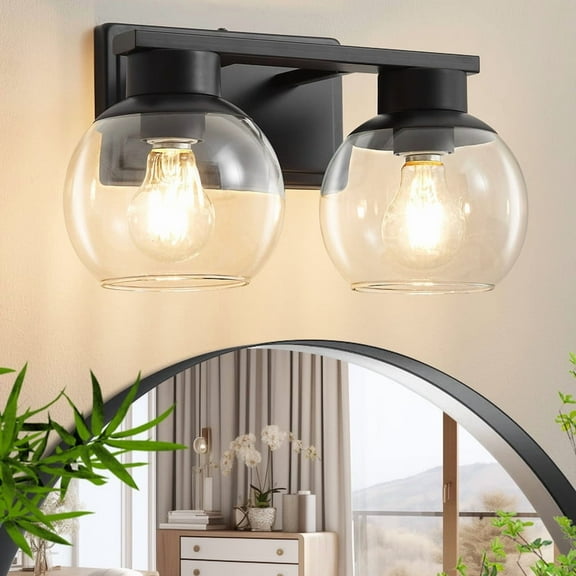 Bathroom Vanity Light Fixtures 2-Lights Black Bathroom Light Over Mirror with Clear Glass Shade Vanity Lights for Bathroom