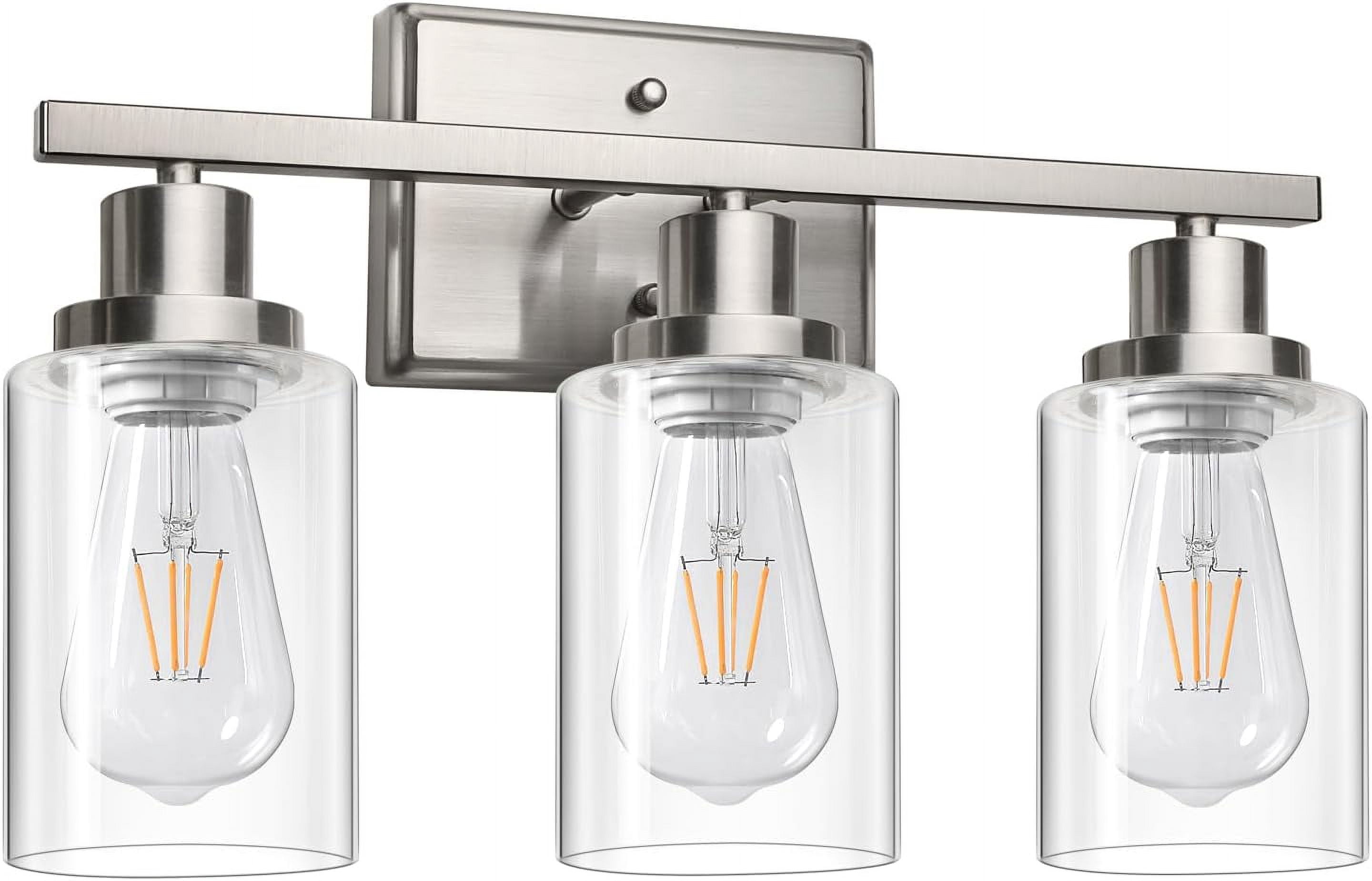 Bathroom Vanity Light Fixtures, 3 Light Wall Sconces Lighting with Clear Glass Shade, Brushed Nickel Wall Lights for Mirror, Kitchen, Living Room, Gallery, E26 Base (Bulbs Not Included)