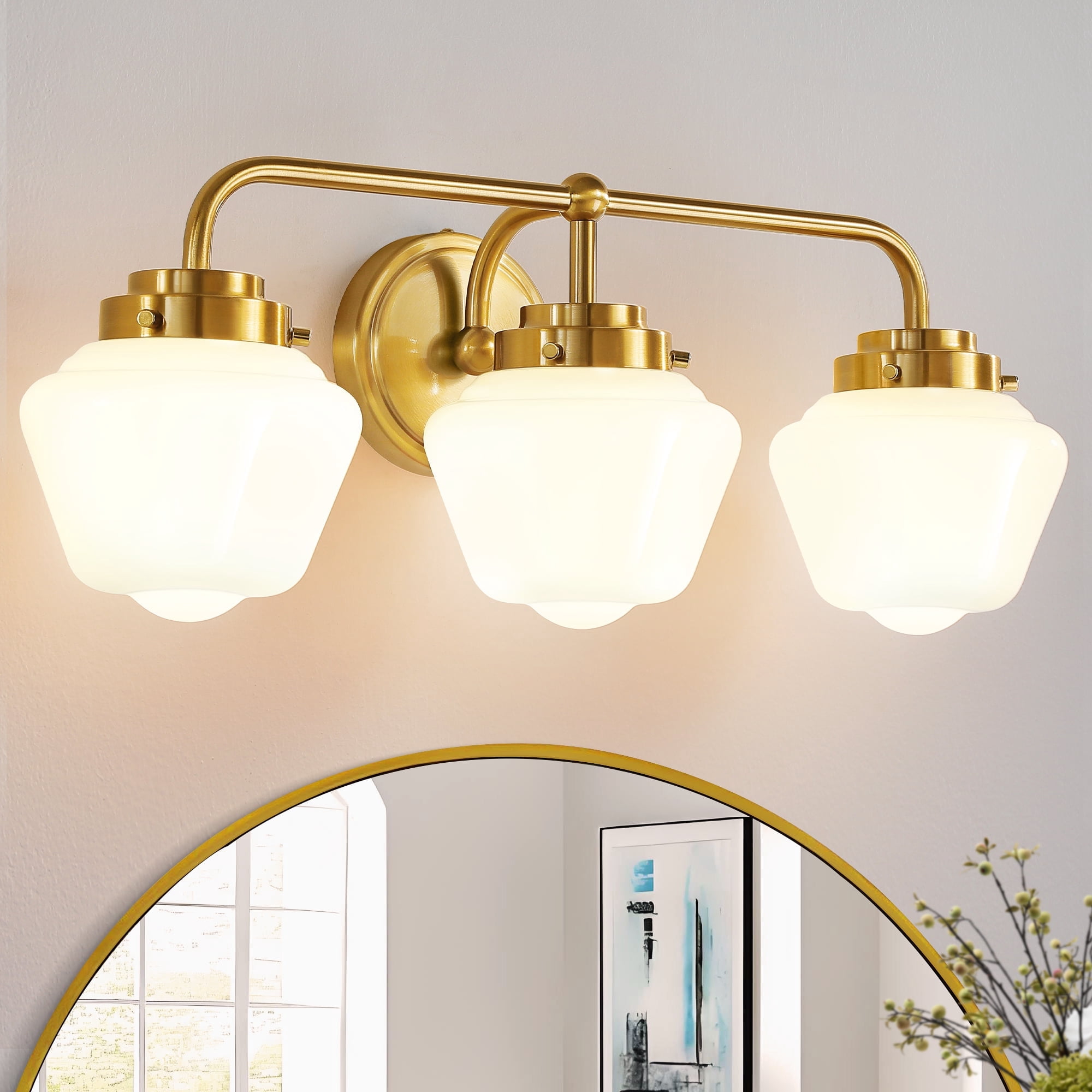 Bathroom Vanity Light Fixtures 3-Lights Gold Vanity Lights Over Mirror, E26 40W Modern Bathroom Lighting Fixture with Milky White Glass for Bath Restroom