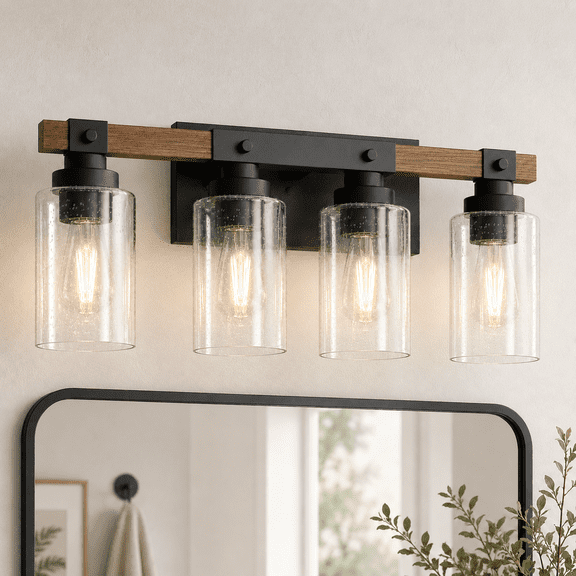 Bathroom Vanity Light Fixtures, 4-Light Rustic Industrial Painted Wood Wall Sconces with Bubble Glass Shade for Mirror Cabinet