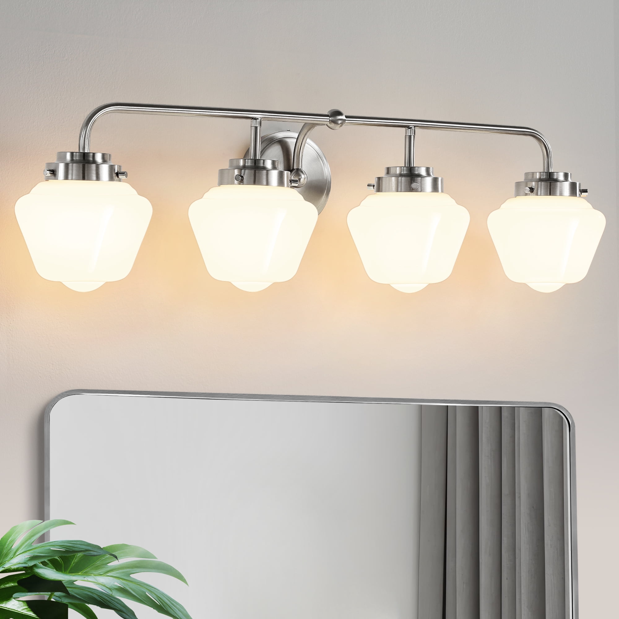 Bathroom Vanity Light Fixtures 4-Lights Brushed Nickel Vanity Lights Over Mirror, E26 40W Modern Bathroom Lighting Fixture with Milky White Glass for Bath Restroom
