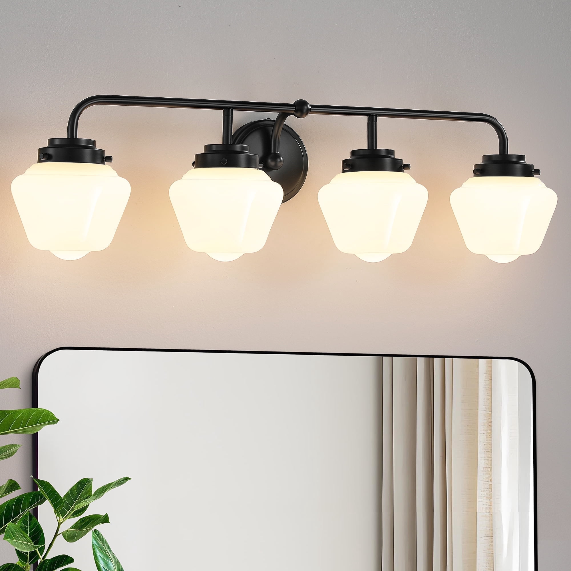 Bathroom Vanity Light Fixtures 4-Lights Black Vanity Lights Over Mirror, E26 40W Modern Bathroom Lighting Fixture with Milky White Glass for Bath Restroom