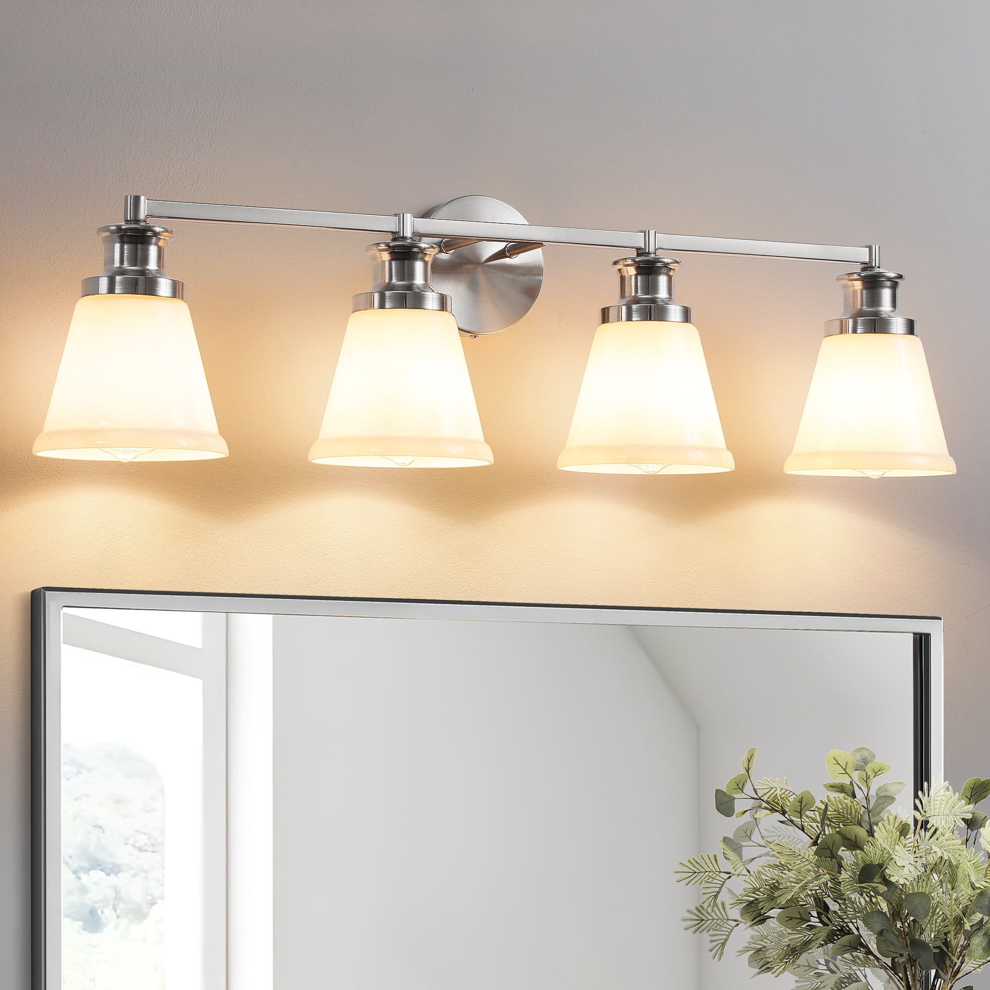 Bathroom Vanity Light Fixtures 4 Lights Modern Bathroom Lighting Fixtures Over Mirror with Frosted Milky Glass Shade Brushed Nickel Wall Sconce for Bath Bedroom