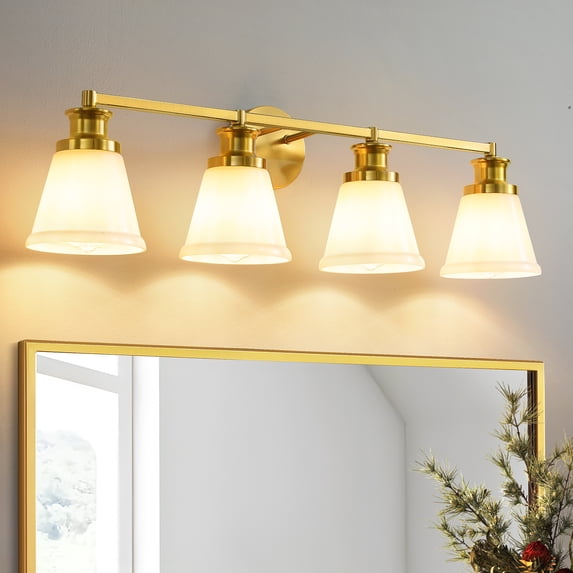 Bathroom Vanity Light Fixtures 4 Lights Modern Bathroom Lighting Fixtures Over Mirror with Frosted Milky Glass Shade Gold Wall Sconce for Bath Bedroom