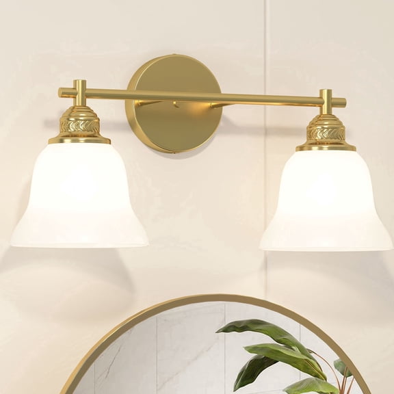Hironpal 2-Light Bathroom Light Fixtures, Bathroom Vanity Light with White Glass Shade over Mirror Cabinet,Brushed Brass