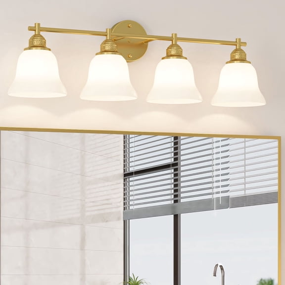 Hironpal 4-Light Bathroom Light Fixtures, Bathroom Vanity Light with White Glass Shade over Mirror Cabinet,Brushed Brass