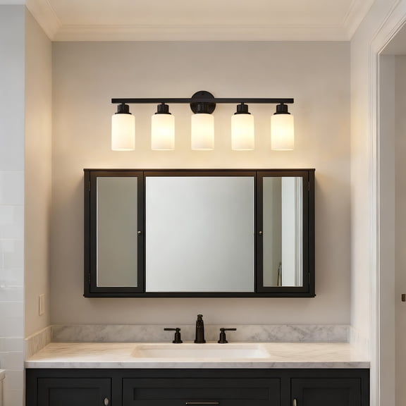 Bathroom Vanity Lighting 5-Light Matte Black Wall Lamps with White Glass Shades (No Bulbs) Sconce Lighting for Bedroom Living Room,LED Bathroom Lighting