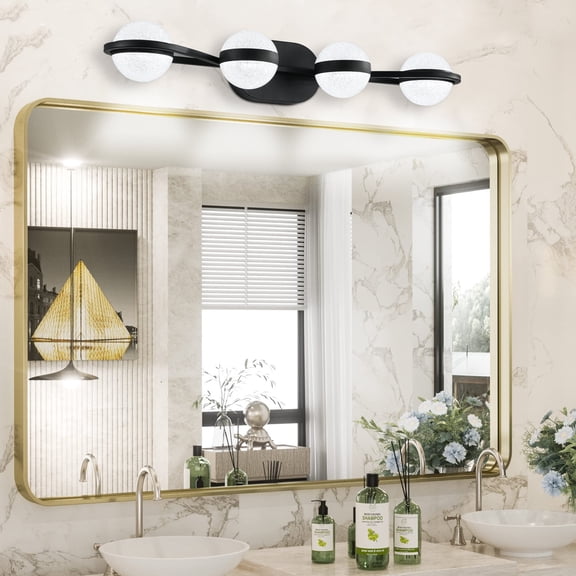 Bathroom Vanity Lighting (Same as W1340P143677/L2001-B-4) 30" Black Minimalist LED Bathroom Vanity Light with Crystal Sand Acrylic Shades, 4-Light Wall Mounted Decorative Lighting Fixture, Suitable f