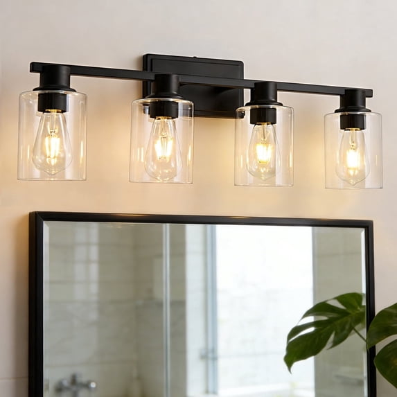 Bathroom Vanity Lights 4 Lights Black Wall Mounted Mirror Wall Lights with Glass Cover Bathroom Farmhouse Bedroom Dressing Lights