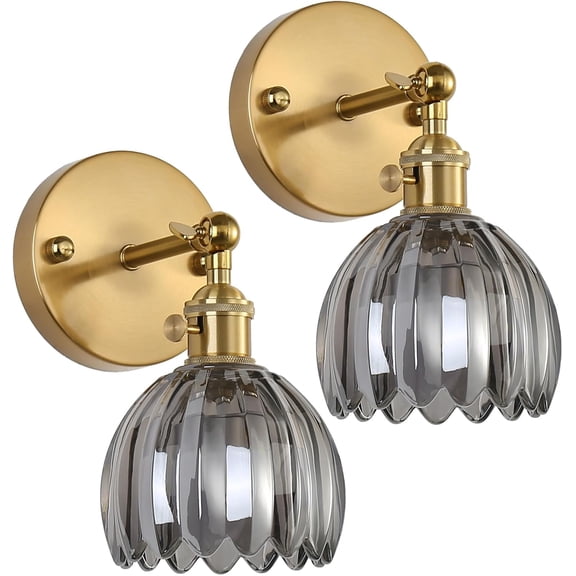 Bathroom Vanity Lights Set of 2, Transparent Tulip-Shaped Glass Wall Sconces, Gold Industrial Hardwired Wall Mounted Light Fixture for Bedroom Living Room Hallway Farmhouse Mirror