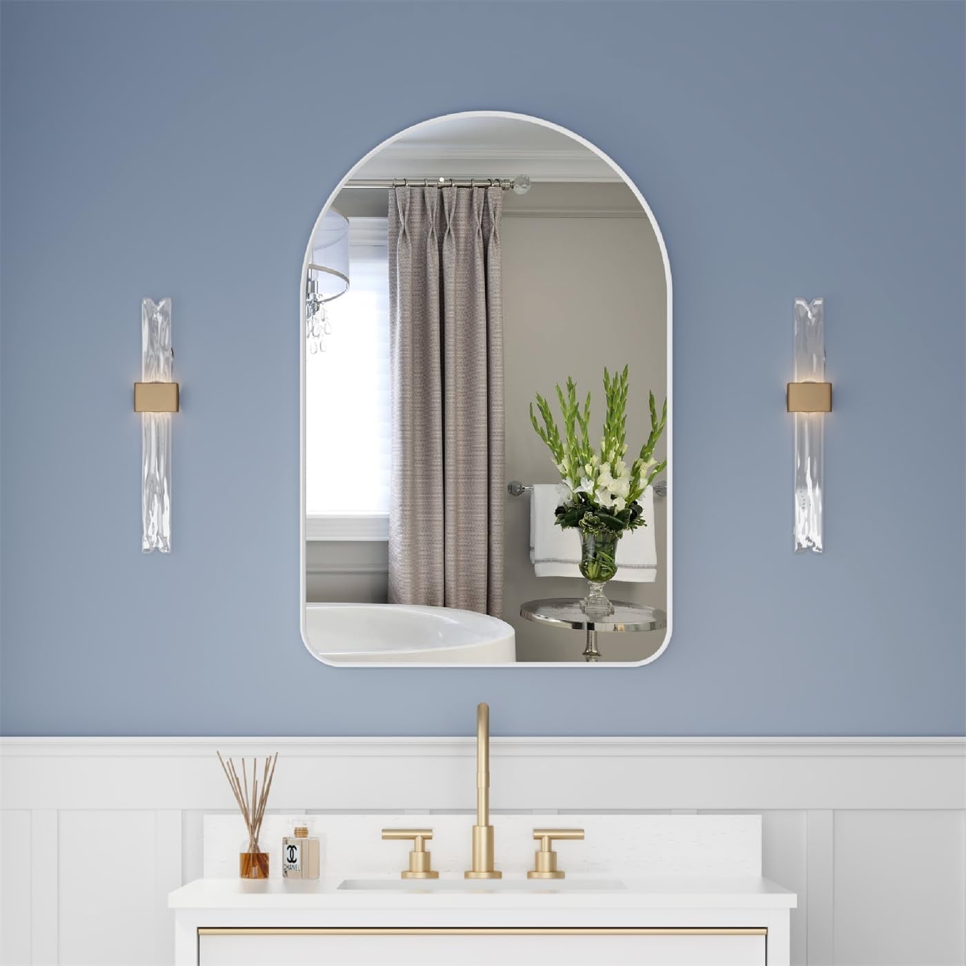 White Arched Metal Frame Bathroom Vanity Mirror 24" x 36"