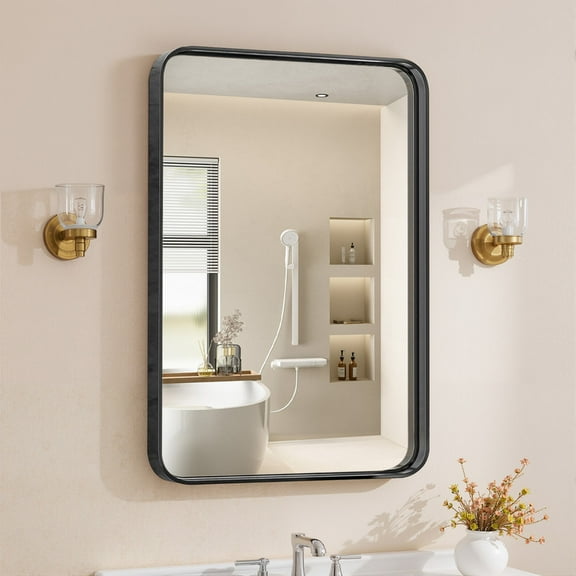 TINKLE WELL Bathroom Vanity Mirror, Large Rounded Metal Rectangle Framed, Anti-Rust Tempered Glass, Hangs Horizontally and Vertically for Sink Wall Decor, 22x30 inch Black