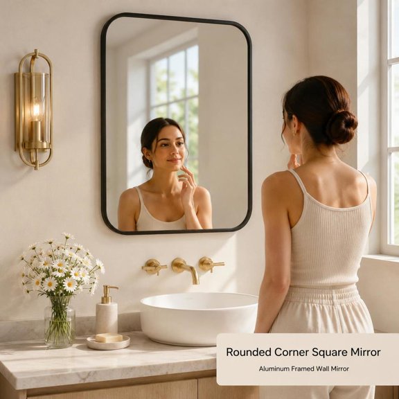 Bathroom Vanity Mirror, rounded corner square, rust-resistant aluminum frame, shatter-resistant tempered glass, wall mount design