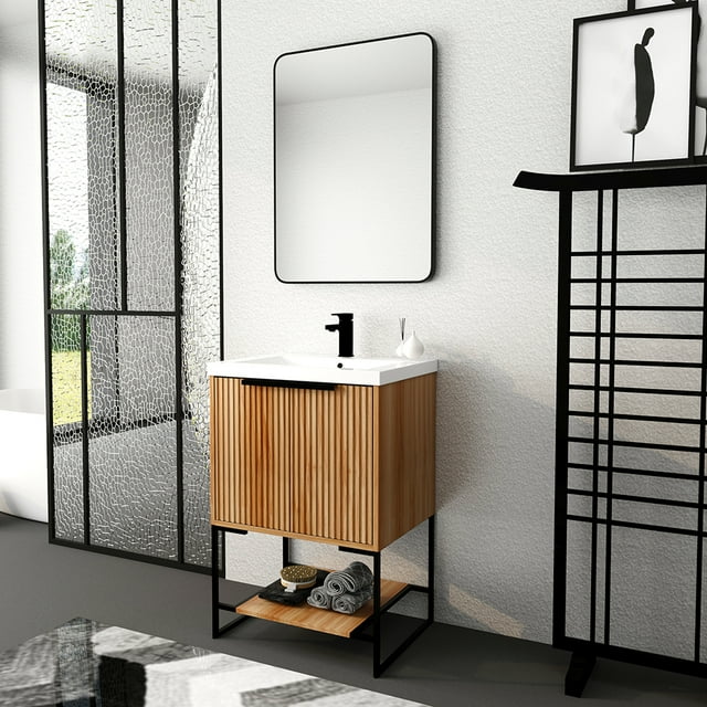 Bathroom Vanity, Modern Bathroom Cabinet With 2 Doors, 1 Shelf, 1 Resin Basin Single Sink Bathroom Vanity Cabinet, Floor Standing Bathroom Vanity 24" x 18"