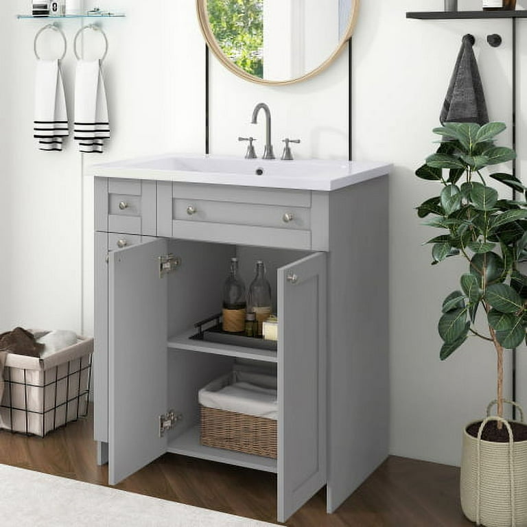 Bathroom Vanity, Modern Wood Cabinet Basin and Sink Combo, Bathroom Vanity  Set with Countertop, Wooden Single Bathroom Cabinet with Drawers, Grey 