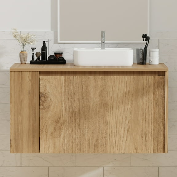 Bathroom Vanity, Natural Color Wall-Mounted Bathroom Vanity with Hidden Drawer (Nature With Sink, 36")