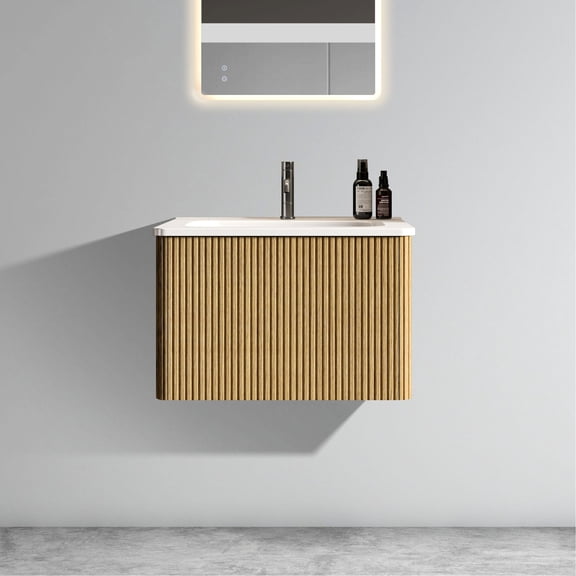 Bathroom Vanity | Safety Curved Edges, Push - Open Function | Striped Natural Oak Melamine | Eliminates Sharp Corners