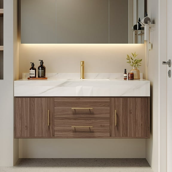 Bathroom Vanity Set 39.3" Modern Floating Stone Bathroom Vanity Walnut with Sink
