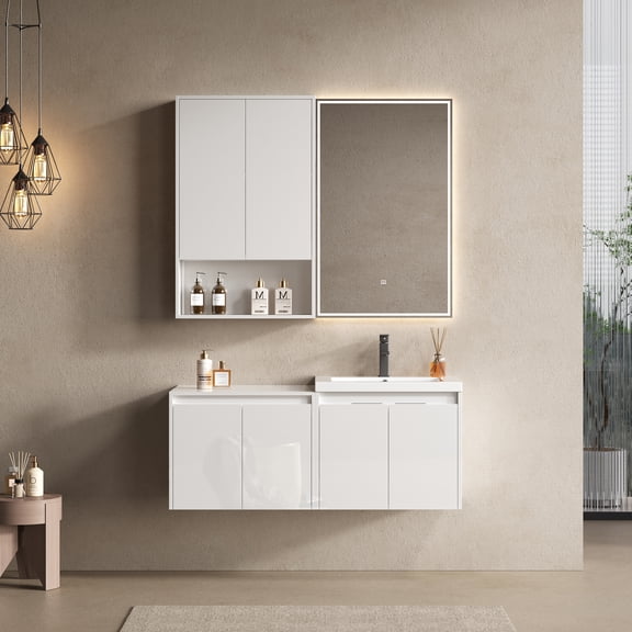 Bathroom Vanity Set, 48 Inch Plywood Floating Vanity with Resin Sink, Glossy White Wall-Mounted Cabinet and Side Storage Unit, Soft Close Doors, Modern Bathroom Furniture Set