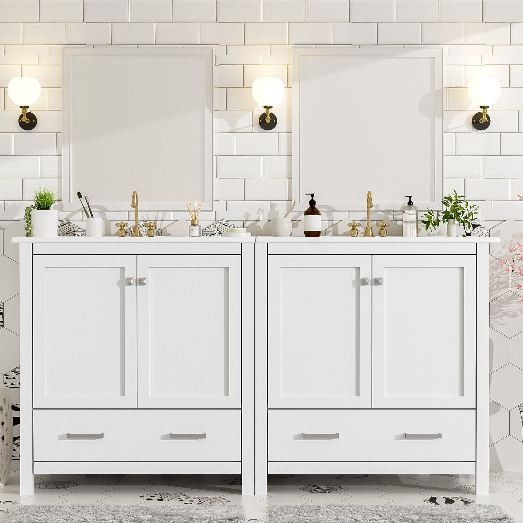 Bathroom Vanity Set / 60" White, Double Vanities, Flat Vanity Top Edge ...