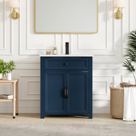 Bathroom Vanity Set with Ceramic Sink, 27.8" Modern Storage Cabinet with Drawers and Cabinet, Compact Freestanding Vanity for Small Bathrooms, Powder Room, or Apartment, White, Easy Assembly
