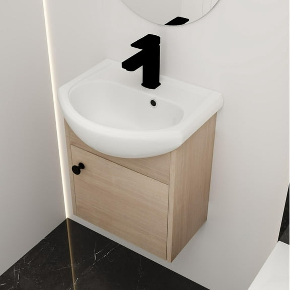 Tcbosik 18 Inch Bathroom Floating Vanity with Ceramic Sink, Wall Mounted Vanity Base Cabinet with 1 Soft Close Door, Open Back Design, Bathroom Vanity and Sink Combo (Light Oak, 18*14*20 inch)