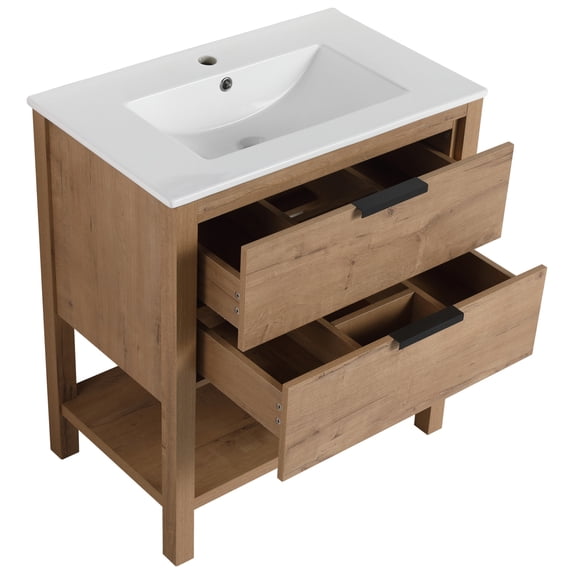 Bathroom Vanity with Sink and 2 Soft Close Drawers, 30 Inch Bathroom Vanity, Freestanding Bathroom Vanities with Metal Handle for Apartment, Oak with White
