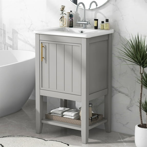 Bathroom Vanity with Sink, 20'' Bathroom Sink Storage Cabinet with Gold Handles and Open Shelf, Vanities Cabinet with Ceramic Sink and Wood Legs for Bathroom