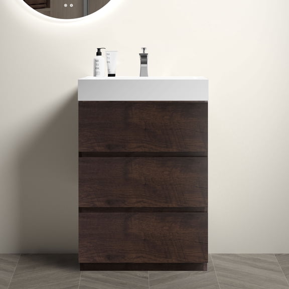 Bathroom Vanity with Sink, 24 Inch Melamine Freestanding Cabinet with White Stone Basin, 3 Soft-Closing Drawers, Walnut Finish Handle-Free Design for Modern Bathroom, Pre-assembled