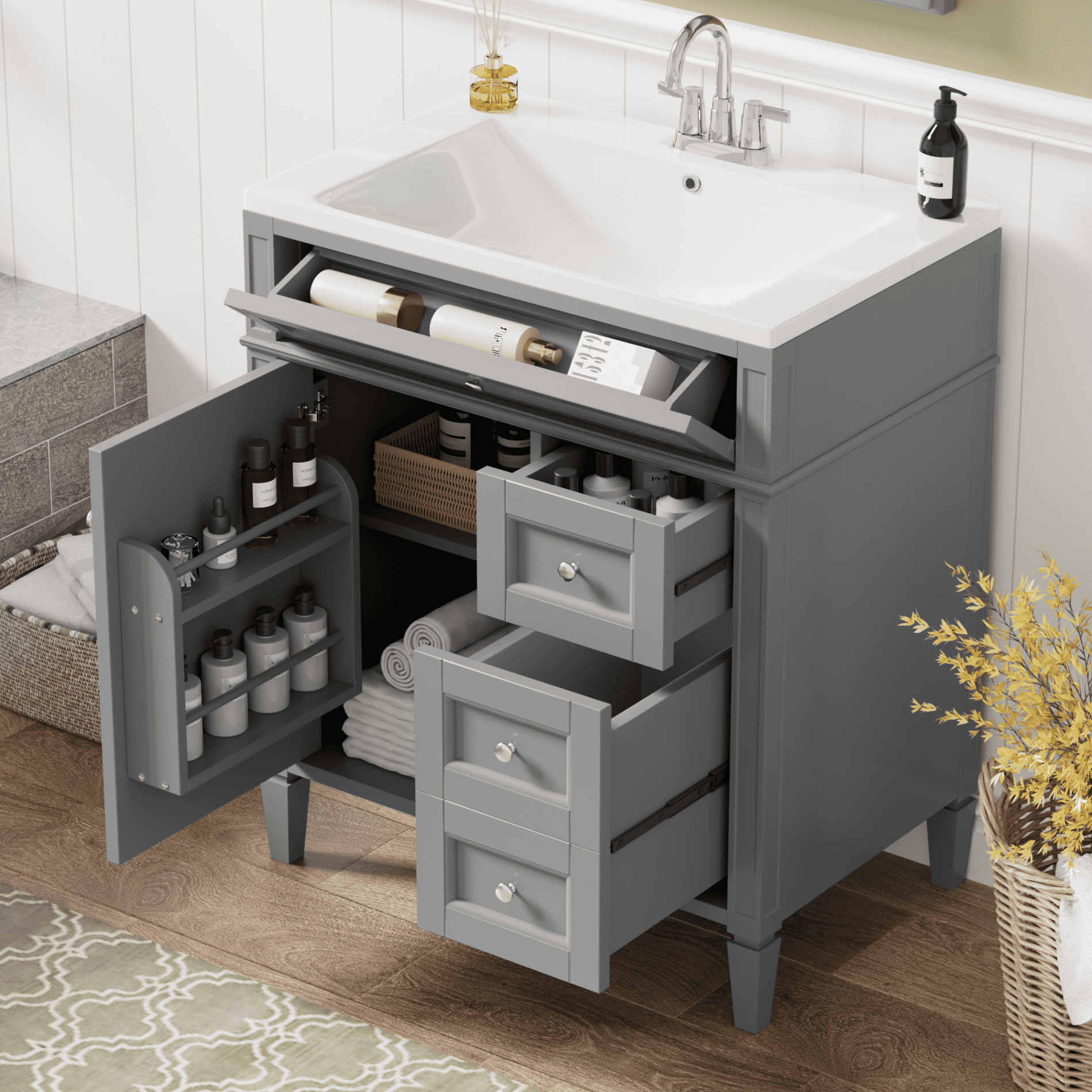 Gray 30" Modern Freestanding Bathroom Vanity with Sink and Storage