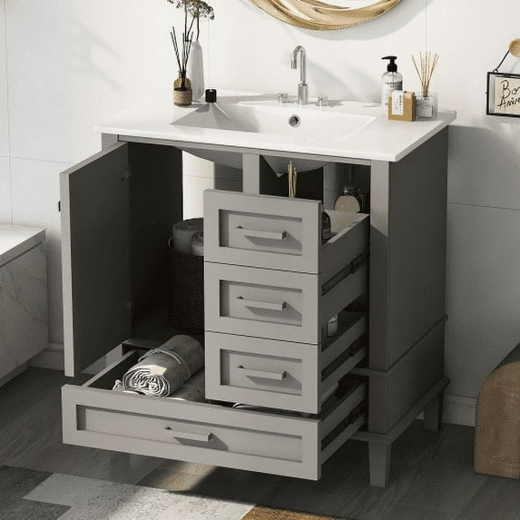 Bathroom Vanity with Sink, 30 inch Bathroom Vanity with Sink, Bathroom Sink Vanity with 3 Drawers and Cabinet, Built-in Soft Closing Door, Freestanding Bathroom Vanity Cabinet for Bathroom, Grey