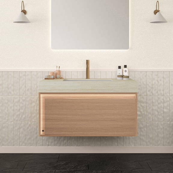 Bathroom Vanity and Sink, 36 Inch Floating Plywood Storage Cabinet with Travertine-Pattern Sintered Stone Top, Ceramic Basin, Sensor LED Light, Soft Close Drawer, Light Oak Beige